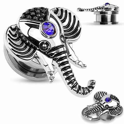 Earrings Rings Faux Sapphire Blue CZ Set Elephant Top Screw Fit Plug Tunnel 00g