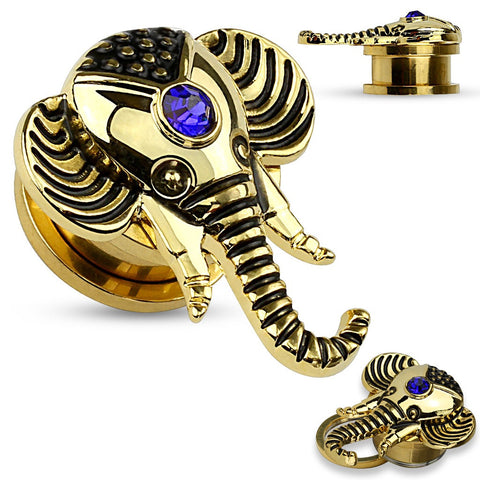 Earrings Rings Faux Sapphire Gold IP Elephant Top Screw Fit Flesh Plug Tunnel 6g