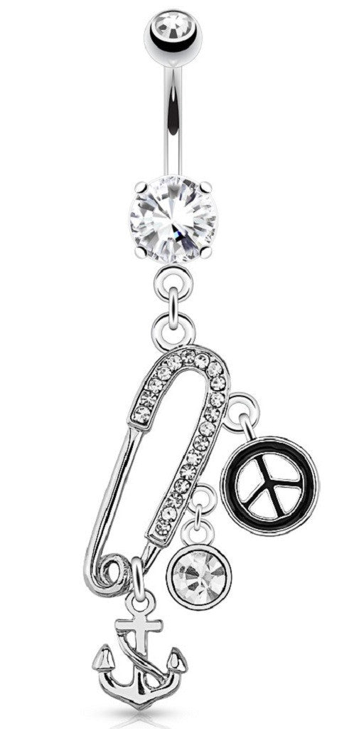 Belly Button Ring Safety Pin Paved Gems Anchor Peace CZ Charms Navel Ring