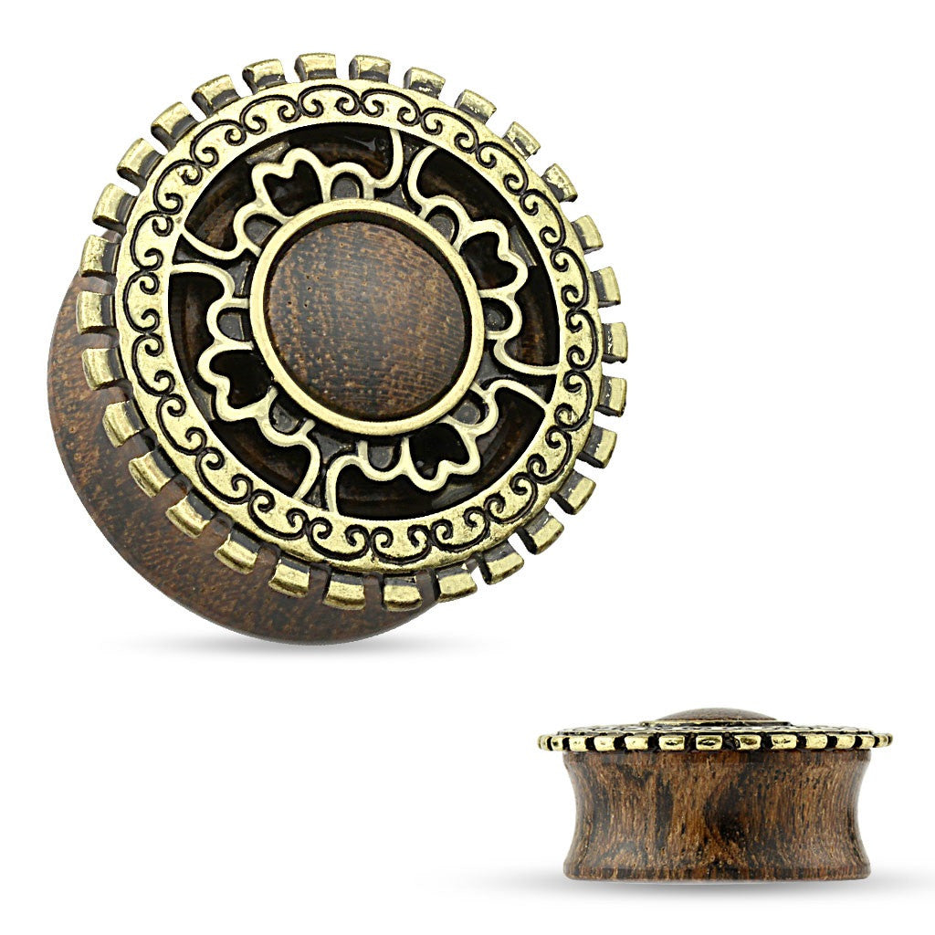 Earrings Rings Antique Gold Plated Tribal Shield Organic Wood Saddle Plugs Pair 0g