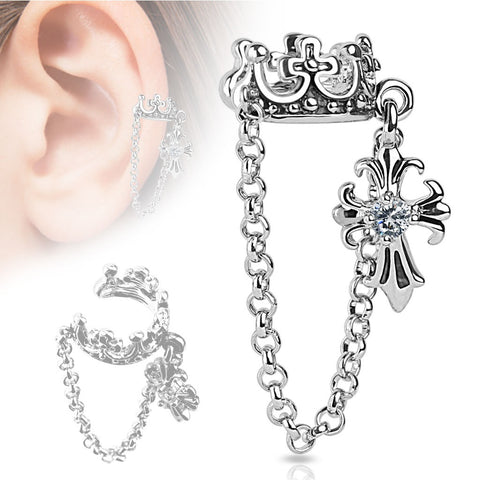 Earring Double chain linked ear cuff Crown  Chain Clear CZ Set Cross Dangle Non-Piercing