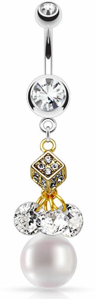 Belly Button Ring Crystal Paved Gold IP Dice, CZ Pearl Dangle 316L Double jeweled