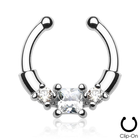 Square Center CZ with Gems Non-Piercing Septum Hanger