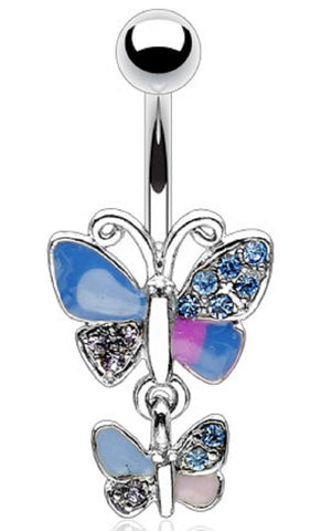 Body Accentz? Belly Button Ring Navel Double Butterfly Body Jewelry Dangle 14 Gauge
