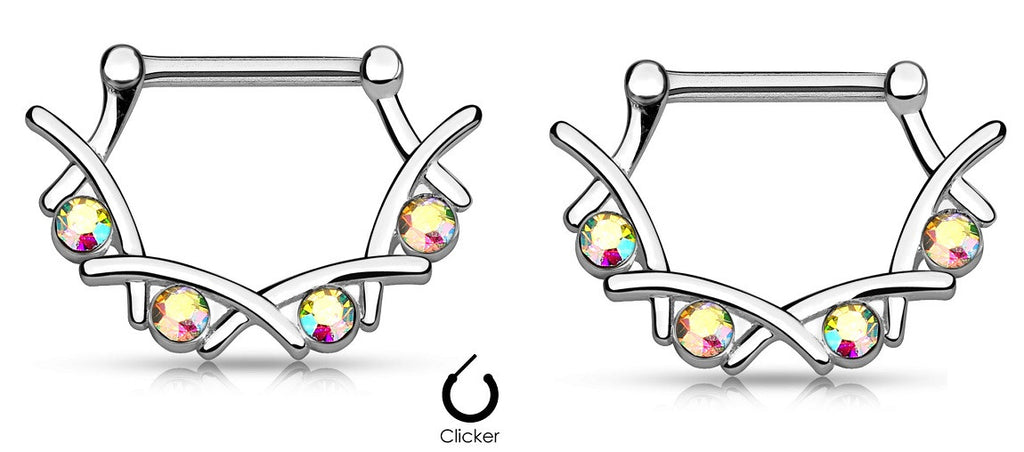 Nipple Rings Clickers 4 Crystal Set Filigree 316L Surgical Steel Sold as a pair 14g