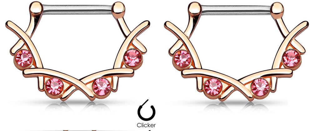 Nipple Rings Clickers 4 Crystal Set Filigree 316L Surgical Steel Sold as a pair 14g