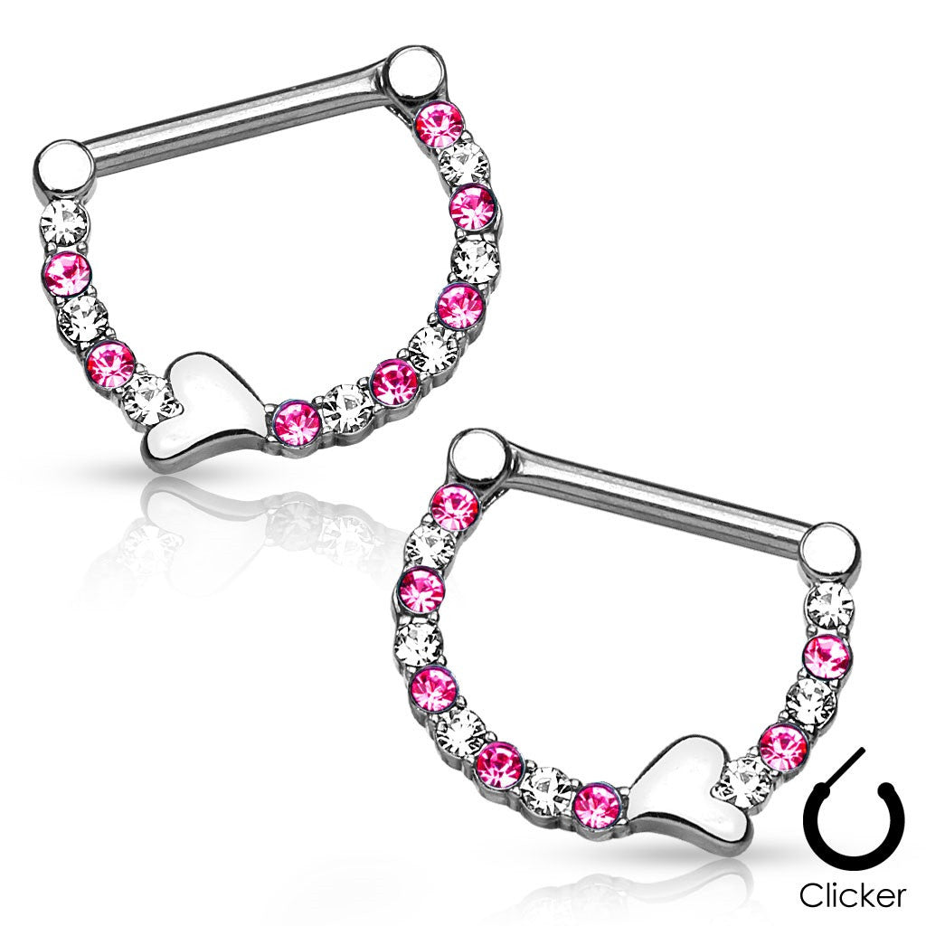 Nipple Rings Clickers Lined Crystals w/ Heart 316L Surgical Steel Sold as a pair 14g