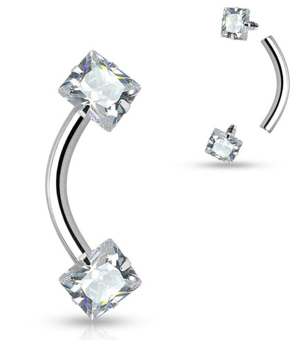 EyeBrow Ring 16g Square CZ Prong Seting Internally Threaded 316L Surgical Steel  Curved Barbells