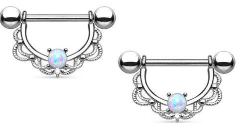 Nipple Ring Bars 14g 5/8 Opal Centered Fligree Drop 316L Surgical Steel  Sold as a pair