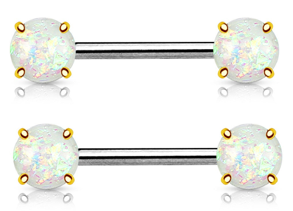 Nipple Ring Opal Glitter Front Facing Prong Set IP over 316L Surgical Steel  Pair