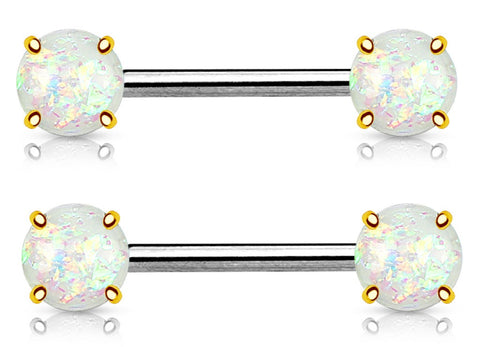 Nipple Ring Opal Glitter Front Facing Prong Set IP over 316L Surgical Steel  Pair