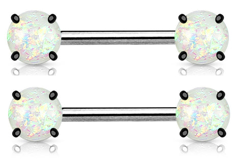Nipple Ring Opal Glitter Front Facing Prong Set IP over 316L Surgical Steel  Pair