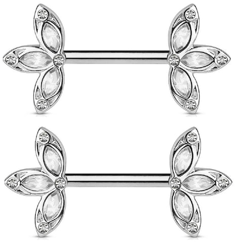 Crystal Set Three Petal Flower Ends 316L Surgical Steel Nipple Barbells Pair