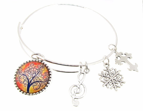 Tree of Life Bracelet Silver Plate Expandable Bangle Music Note Snowflake Cross