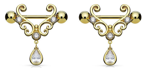 Nipple Ring CZ Floral Filigree  Tear Drop  316L Surgical Steel Barbells  Bar pair