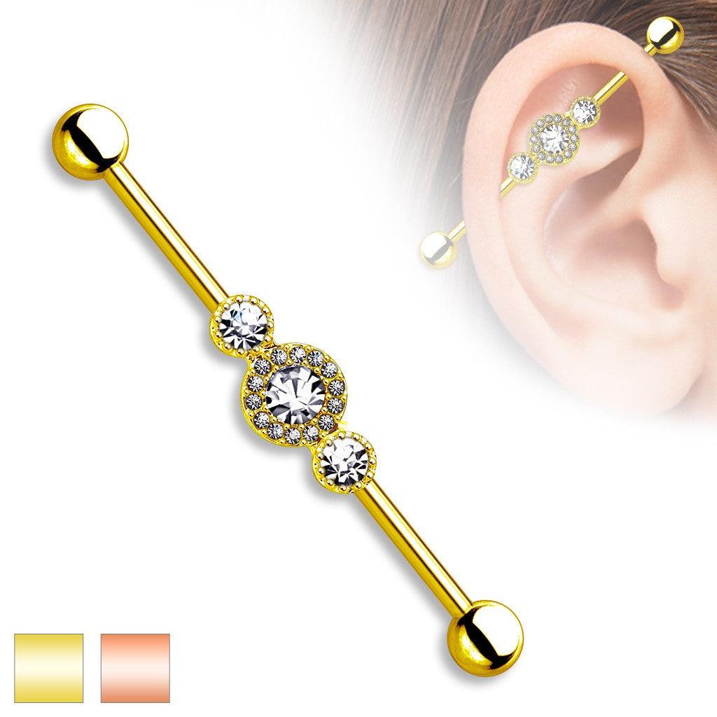 Industrial Barbell CZ Centered Paved Circle Gold Plated  316L Surgical Steel 1 1/2