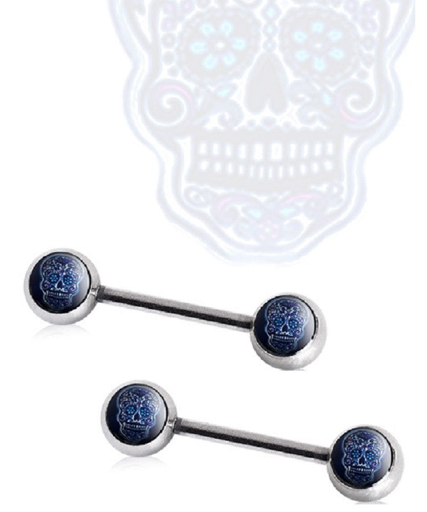 Nipple Rings 316L Stainless Steel Blue Sugar Skull Bar Pair