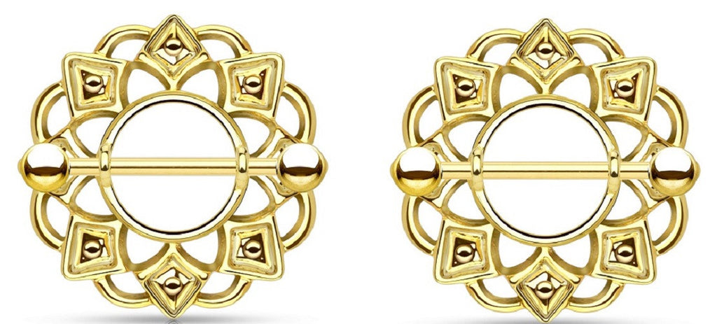 Nipple Rings Tribal Shield 316L Surgical Steel Barbell Golden Sold as a pair