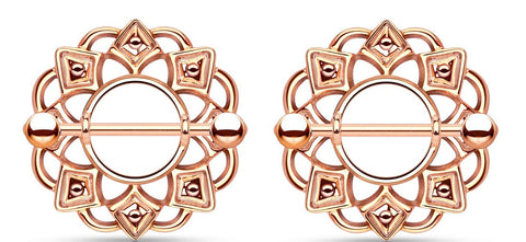 Nipple Rings Tribal Shield 316L Surgical Steel Barbell Rose Golden Sold as a pair