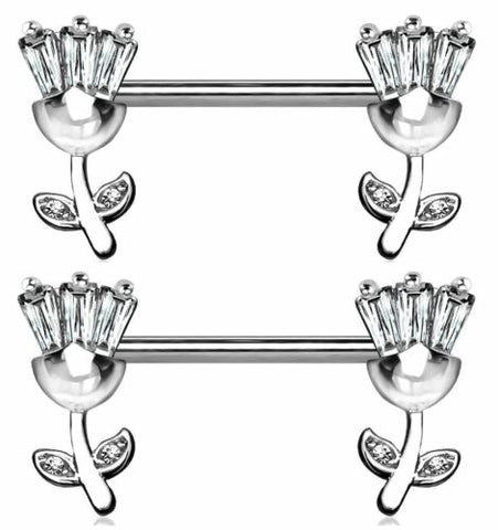 Nipple Bar Princess CZ set Tulip Ends Sparkle Barbell Ring Sold as pair   [silvertone] - silvertone