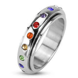 316L Stainless Steel Mirror Polished Spinner Ring with Rainbow Color Gems Band