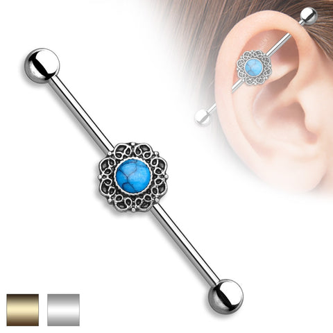 Industrial Barbell Turquoise Centered Heart Filigree 316L Surgical Steel 1 1/2