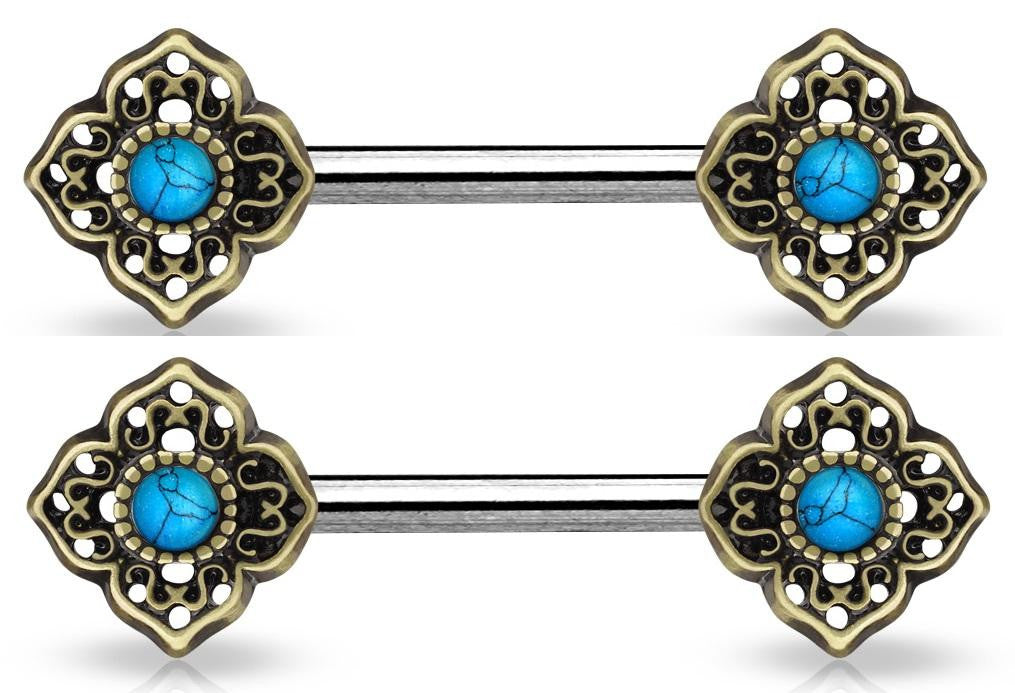 Nipple Bar Turquoise Centered Tribal Flower Ends 316L Surgical Steel Shield Pair