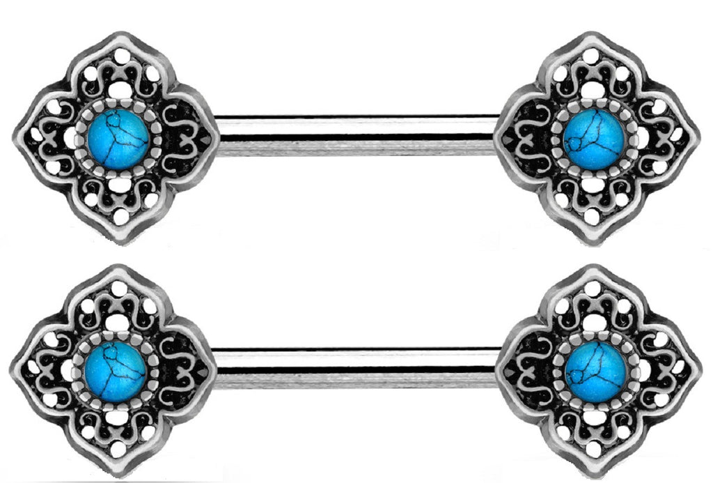 Nipple Bar Turquoise Centered Tribal Flower Ends 316L Surgical Steel Shield Pair