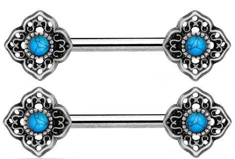 Nipple Bar Turquoise Centered Tribal Flower Ends 316L Surgical Steel Shield Pair