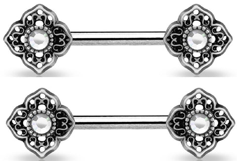 Nipple Bar Crystal Centered Tribal Flower Ends 316L Surgical Steel Shield Pair