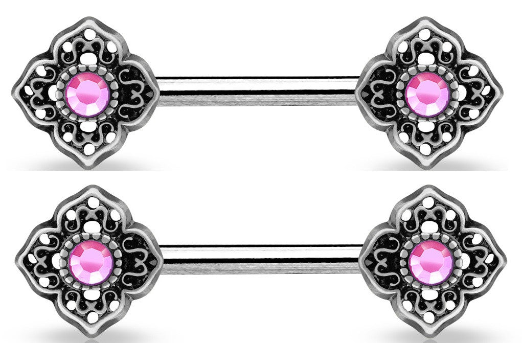 Nipple Bar Crystal Centered Tribal Flower Ends 316L Surgical Steel Shield Pair