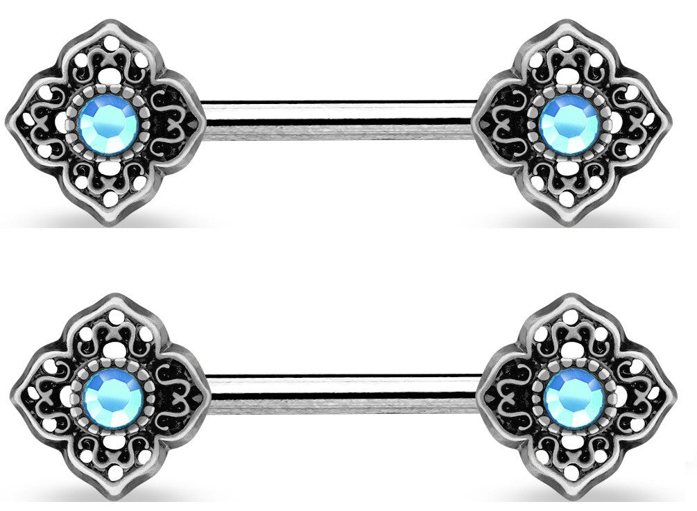 Nipple Bar Crystal Centered Tribal Flower Ends 316L Surgical Steel Shield Pair