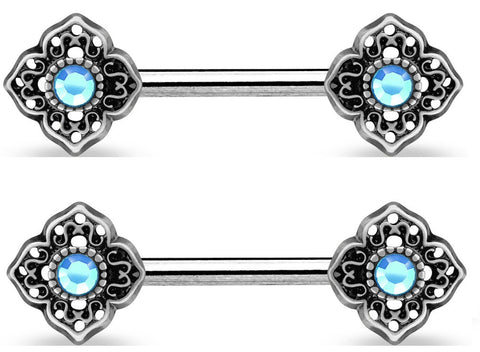 Nipple Bar Crystal Centered Tribal Flower Ends 316L Surgical Steel Shield Pair