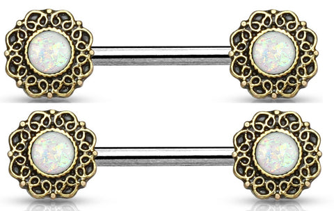 Nipple Ring Bar Crtystal Centered Tribal Heart Filigree  Shield Pair