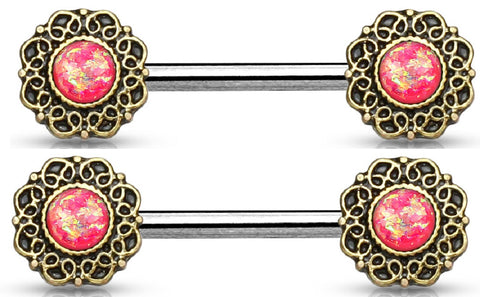 Nipple Ring Bar Crtystal Centered Tribal Heart Filigree  Shield Pair