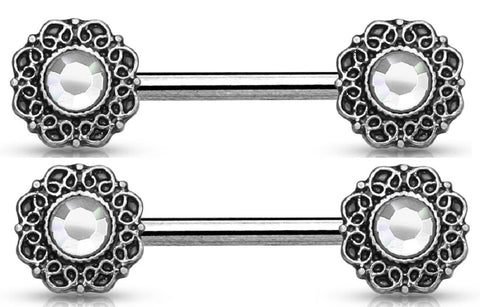 Nipple Ring Bar White Centered Tribal Heart Filigree  Shield Pair