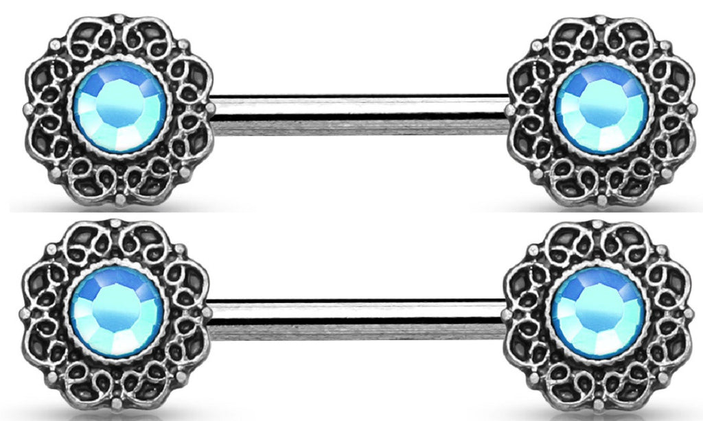 Nipple Ring Bar Turquoise Centered Tribal Heart Filigree  Shield Pair