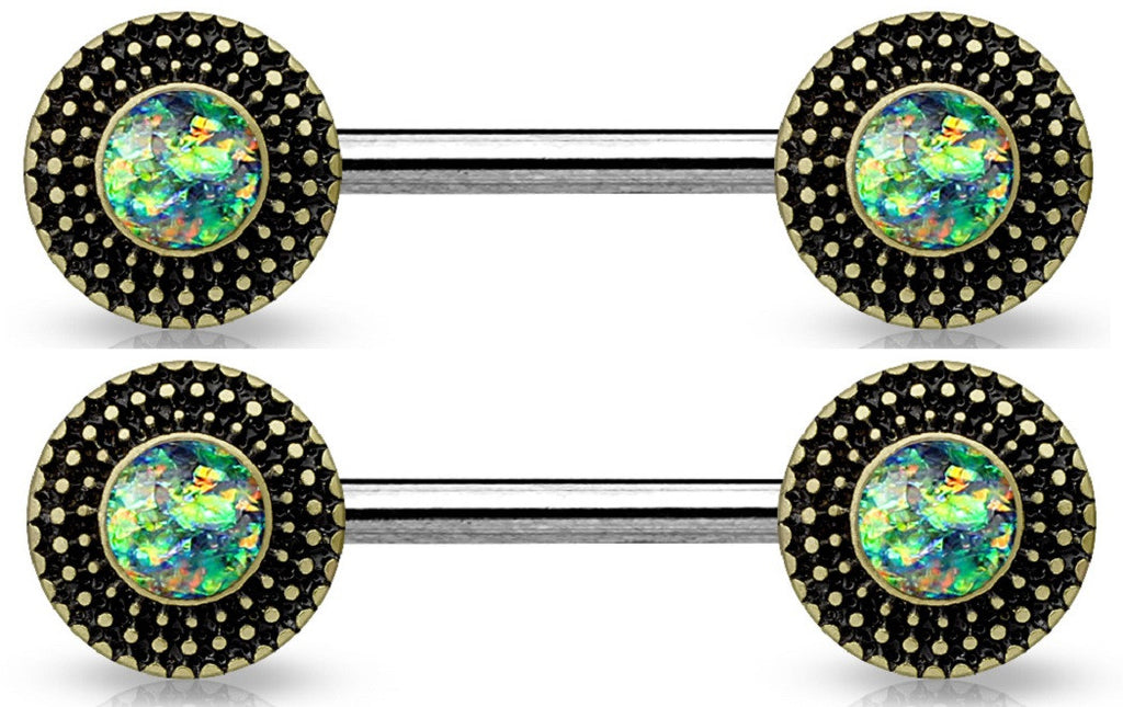 Nipple Bar Opal Glitter Centered Tribal Heart Filigree  Shield Pair