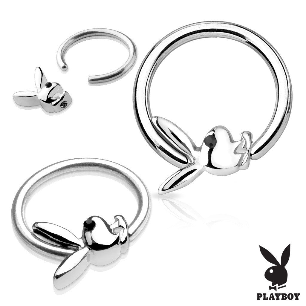 Black Gem Eye Playboy Bunny Captive Hoop Rings 16G Captive Bead Pair