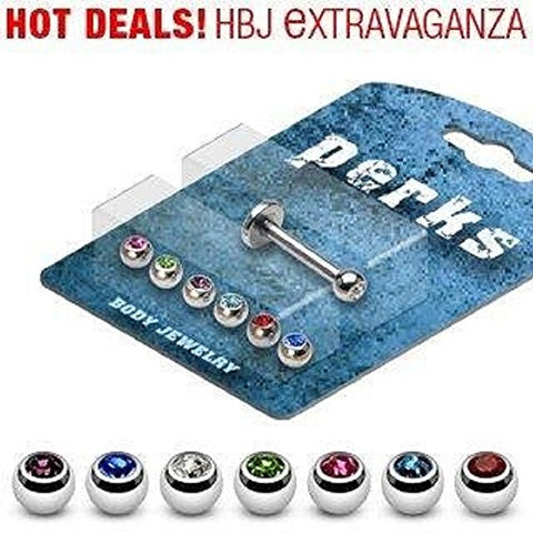 Labret Monroe Lot Assorted Color Gem Balls Bonus Package w/1 14G 3/8 Shaft and 7 Interchangeable Assorted Body Accentz&reg; Gem Tops