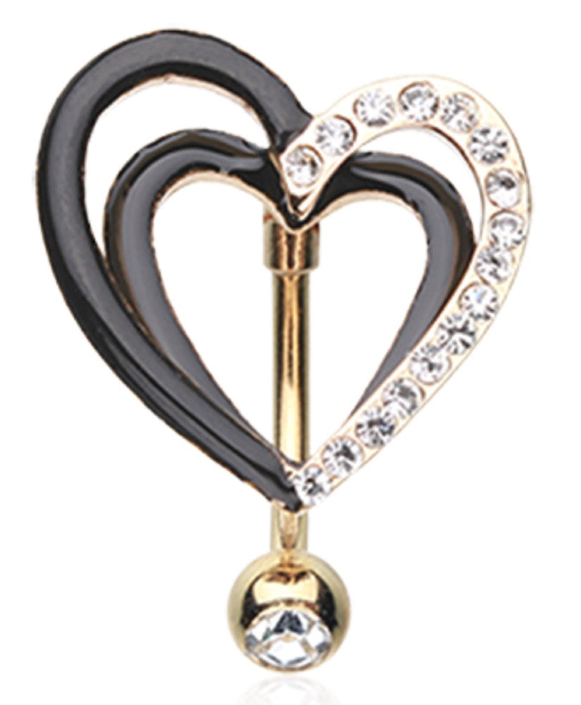 Belly Button Ring Navel Golden Sparkle Layered Heart Reverse 14g