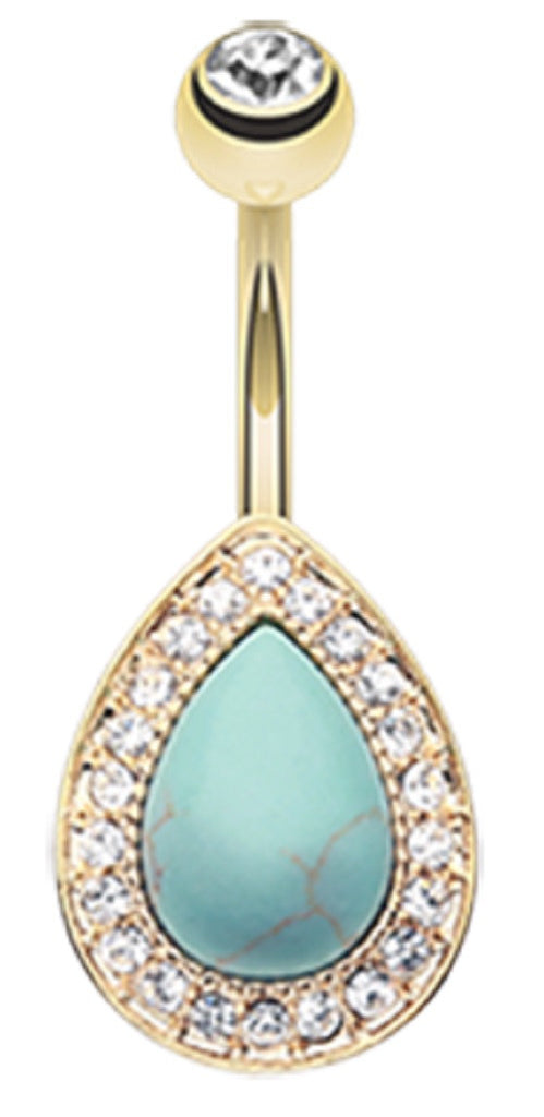Belly Button Ring Navel Golden Avice Turquoise Multi-GemTeardrop 14g