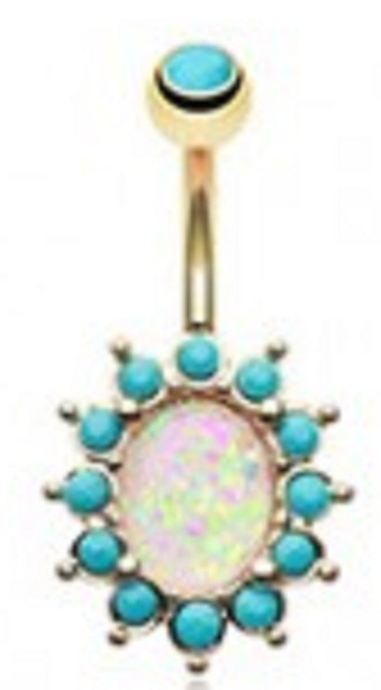 Belly Button Ring Navel Golden Elegant Opal Turquoise 14g