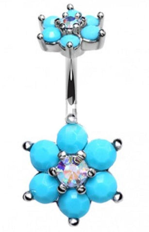 Belly Button Ring Navel Turquoise Spring Flower Sparkle Prong Setting  14g