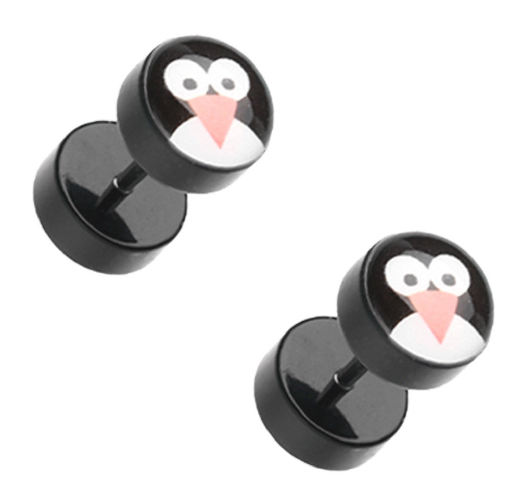 Earrings Rings Cute Penguin Acrylic 16g 316L Surgical Steel Fake Plugs Pair