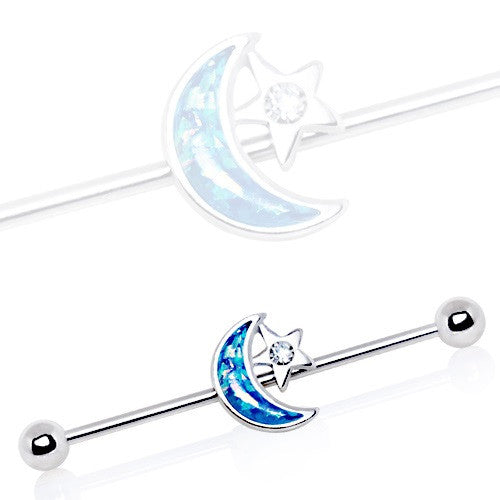 Industrial Barbell 316L Stainless Steel Synthetic Opal Moon and Star1 1/2 14g