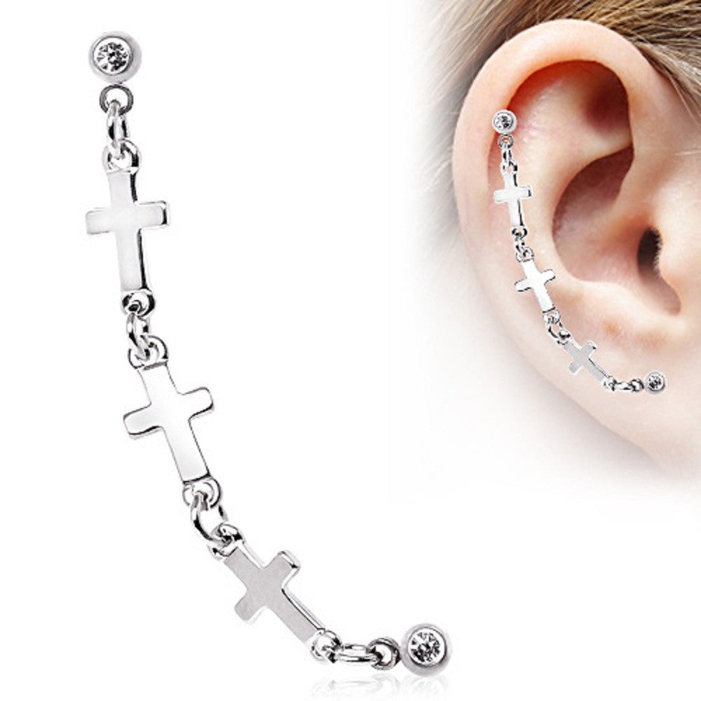 Tragus 316L Surgical Steel Chained Cross Cartilage Earring 16g 1pc