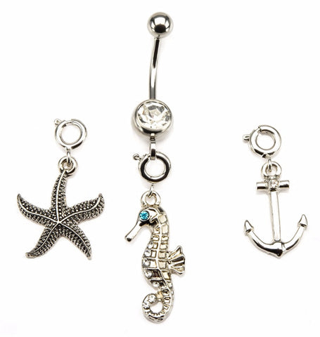 Belly Button Ring Navel 14g 7/16 Navel Starfish, Seahorse Anchor Gem interchangeable