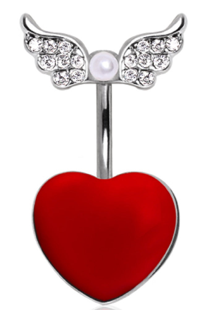 Belly Button Ring Navel 14g Heart Gemmed Angel wings Wings and Pearl