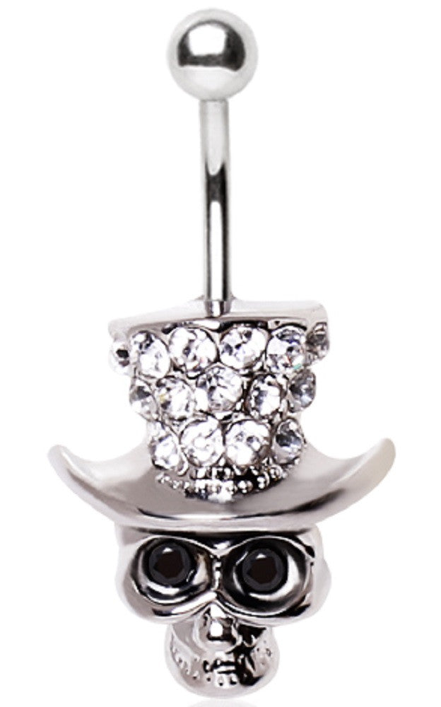Belly Button Ring Navel 14g Grinning Skull with Gemmed Top Hat